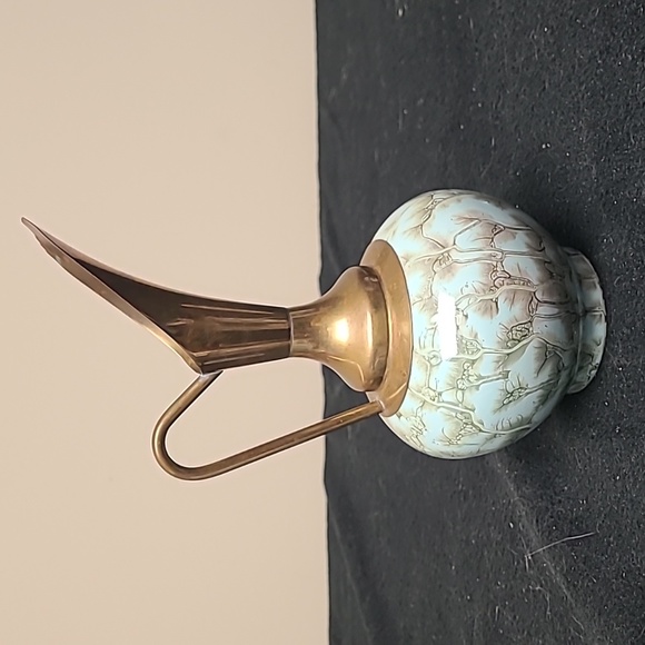 Vintage Delft Holland Ewer Vase with Brass Top and Aqua and Green Pottery Bottom - Picture 3 of 7